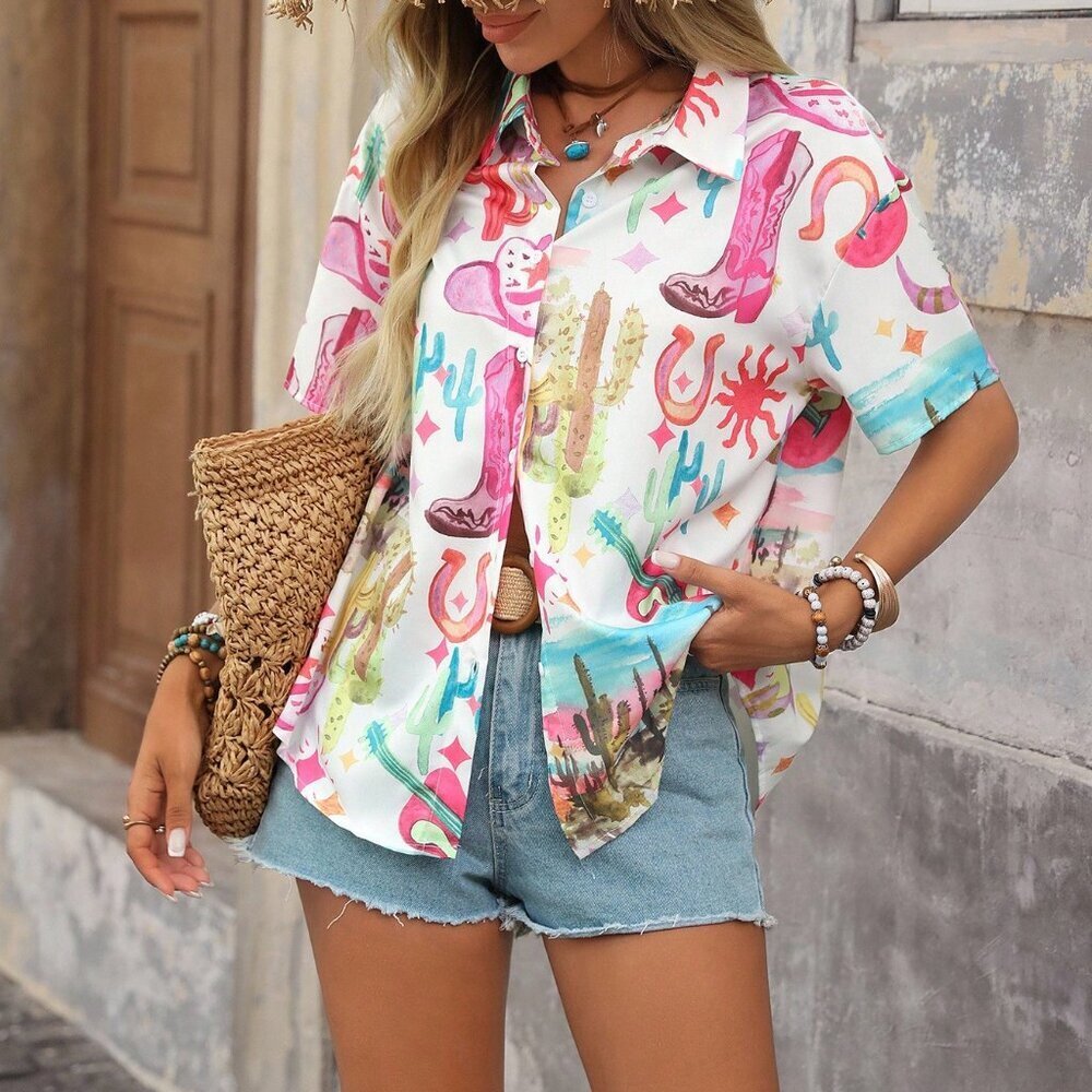 Multicolor Boho Women's Woven Graffiti Print Casual Short Sleeve Shirt - Picture 2 of 8